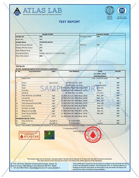 potable water test report